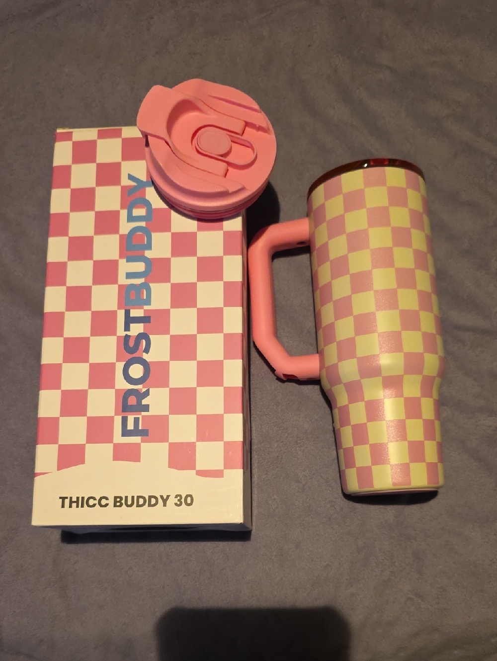 Frost Buddy Pink Check Thicc Buddy 30 Travel Mug with Handle